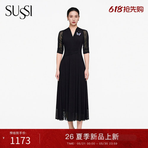 SUSSI/古色26夏新款商场同款黑色v领连衣裙轻奢高级感设计师修身