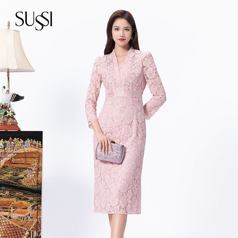 SUSSI/古色商场同款粉红色立领镂空蕾丝收腰显高减龄连衣裙女