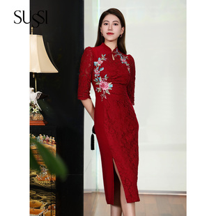 刺绣中袖 SUSSI 古色23夏商场同款 酒红色喜婆婆婚宴装 连衣裙