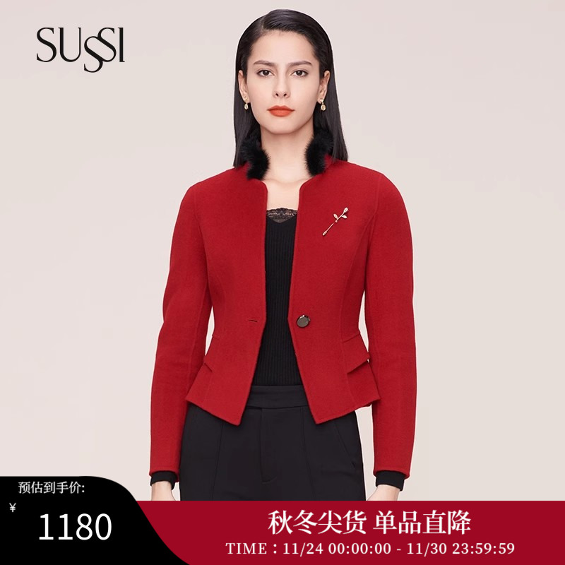 古色酒红一粒扣毛呢外套