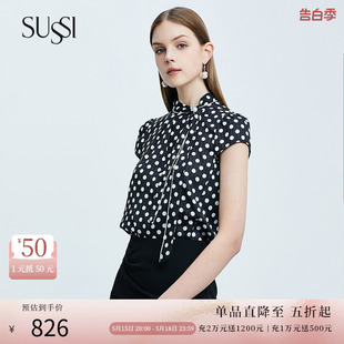 黑色通勤复古波点短袖 新品 飘带立领衬衣上衣女 古色夏季 Sussi