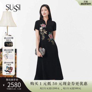 古色24夏商场同款 SUSSI 连衣裙女装 名媛国风短袖 黑色时尚