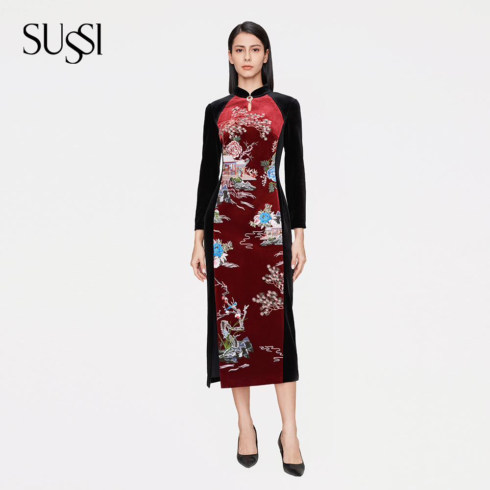 sussi古色新款丝绒连衣裙旗袍