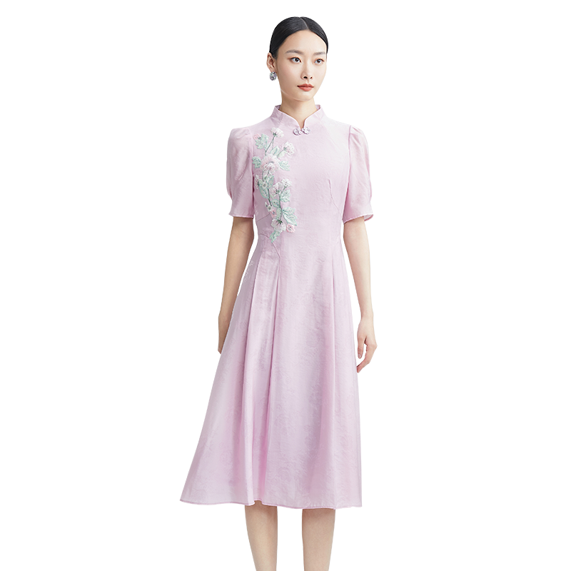 SUSSI/古色24夏商場同款風信紫法式宮廷風收腰連衣裙女裝