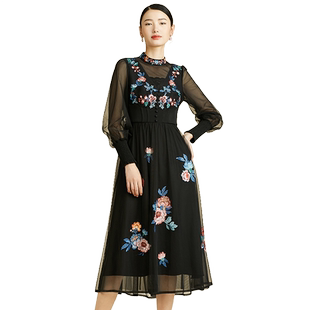 SUSSI/古色冬商场同款黑色立领刺绣泡泡长袖连衣裙女（袖子改版）