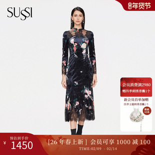 SUSSI/古色冬季新款商场同款丝绒印花蕾丝连衣裙11AV4060120