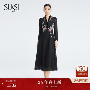 SUSSI/古色冬商场同款新款黑色V领刺绣长袖中长款蕾丝连衣裙