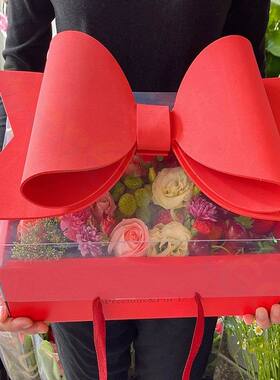 情人节蝴蝶结手提盒红色PVC水果花盒长方形鲜花礼物盒透明盖空盒