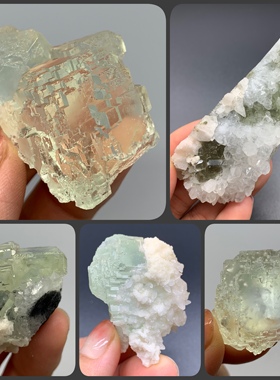 玻璃种 阶梯状绿色萤石 方解石水晶共生矿物晶体矿石标本原石收藏