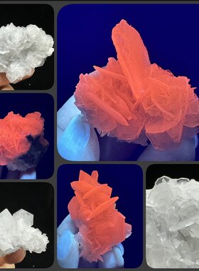 湖南片状红色荧光方解石天然矿物晶体 矿石标本 原石摆件教学标本
