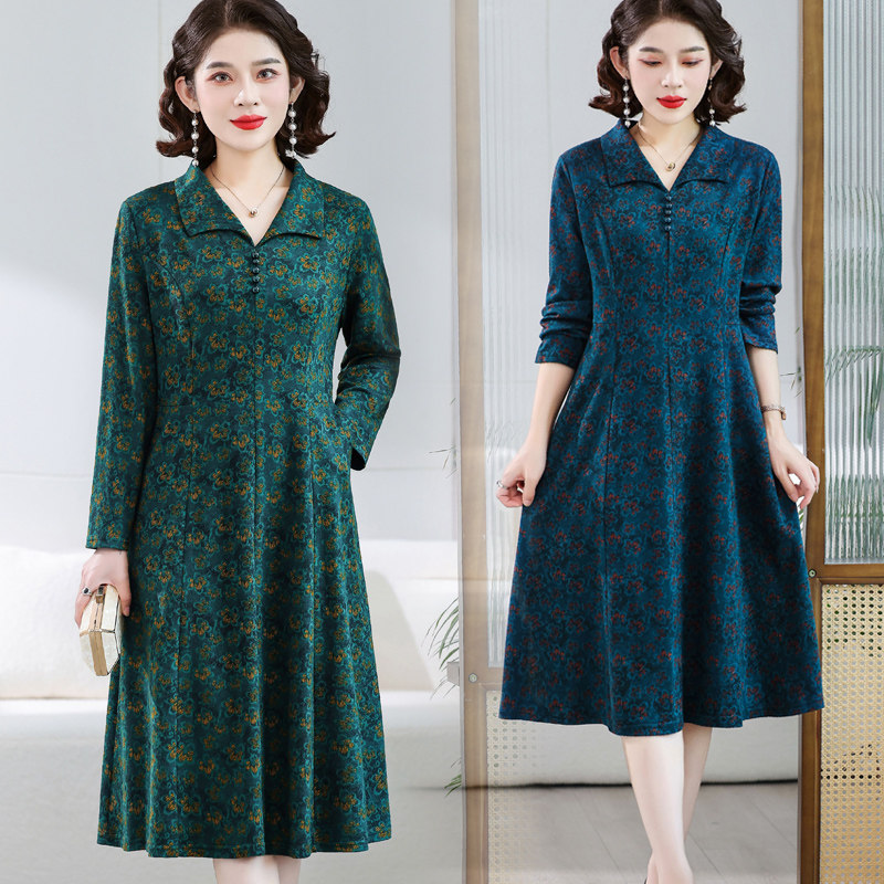 妈妈春装洋气连衣裙中年女减龄中长裙中老年春季翻领长袖宽松裙子