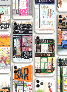 手绘风格街边小店插画INS咖啡店手机壳 F521适用苹果iphone17PROMAX AIR 华为小米三星