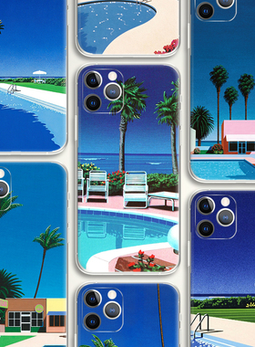 Hiroshi Nagai 海边泳池度假蓝色系 city-pop 日系插画 手机壳F414 适用苹果iphone17PROMAX AIR华为小米三星