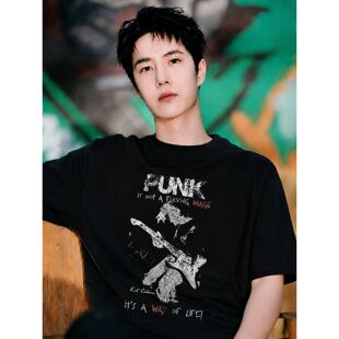 王一博同款明星夏季男装短袖T恤punk乐队朋克科本美式复古高街
