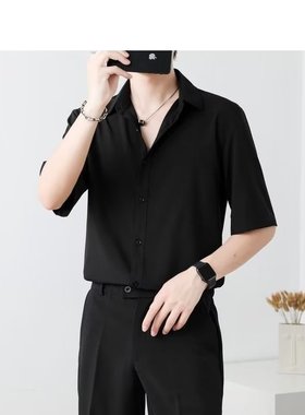 夏季冰丝短袖衬衫男士韩版潮流宽松休闲百搭帅气黑色薄款半袖上衣
