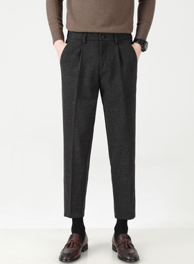 秋冬新款男士毛呢西装九分裤垂感百搭直筒休闲潮流保暖加绒男长裤