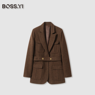 外套轻奢通勤上衣TYAW219 复古棕色羊毛呢收腰鹅绒西装 BOSS