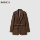 复古棕色羊毛呢收腰鹅绒西装 BOSS 外套轻奢通勤上衣TYAW219