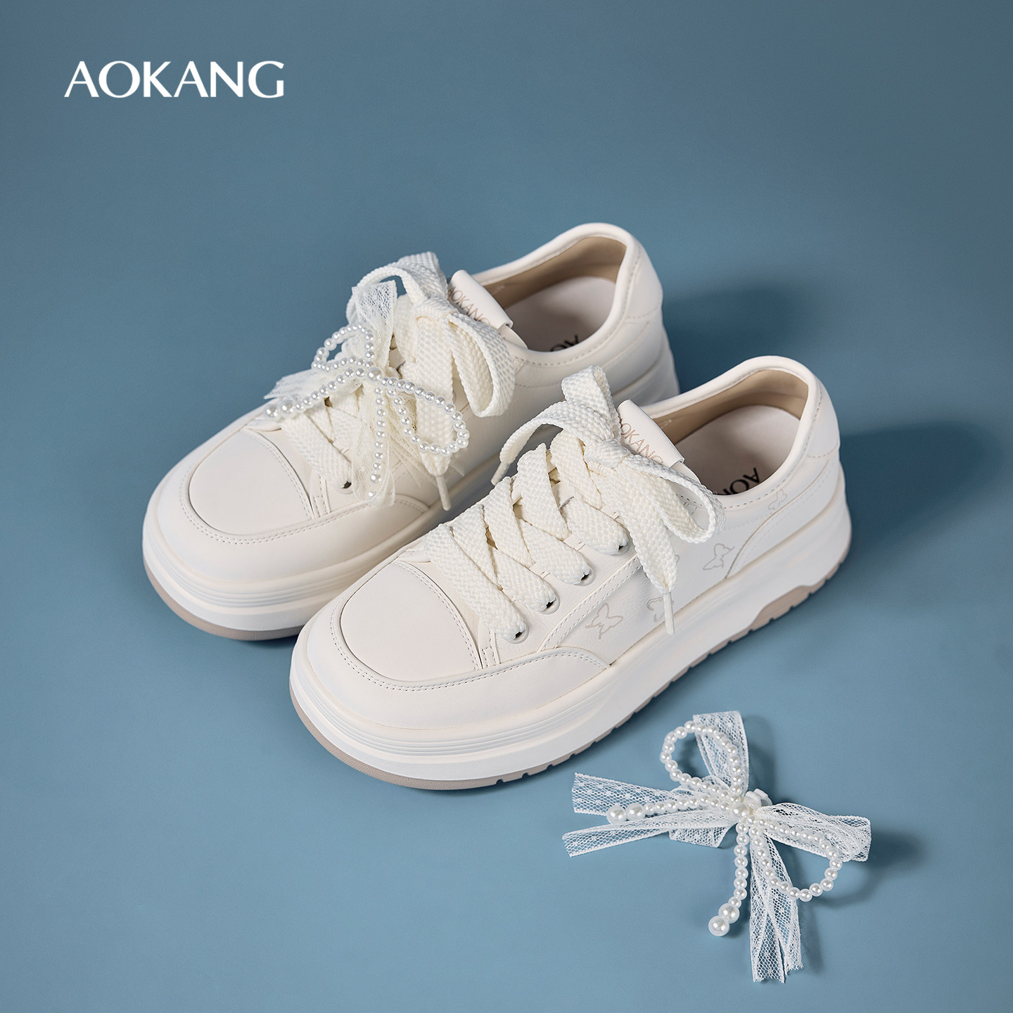 奥康 女鞋2025秋季板鞋甜美双鞋带纯色蝴蝶仙女风休闲鞋门店发货