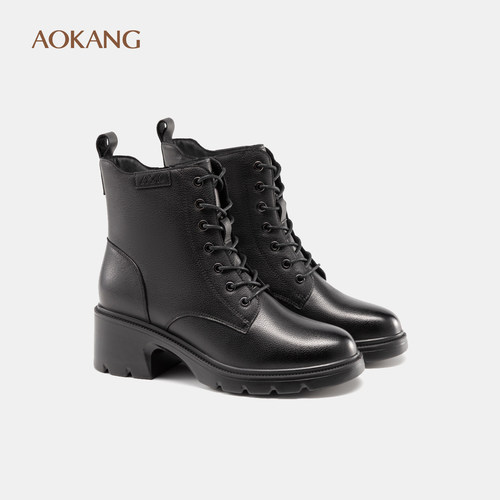 奥康女鞋真皮加绒保暖马丁靴