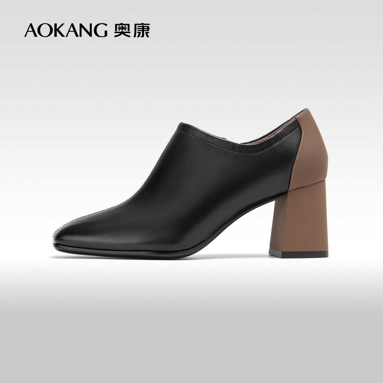 奥康女鞋 2023秋季新款真皮休闲深口粗高跟及踝单鞋短靴百搭方头