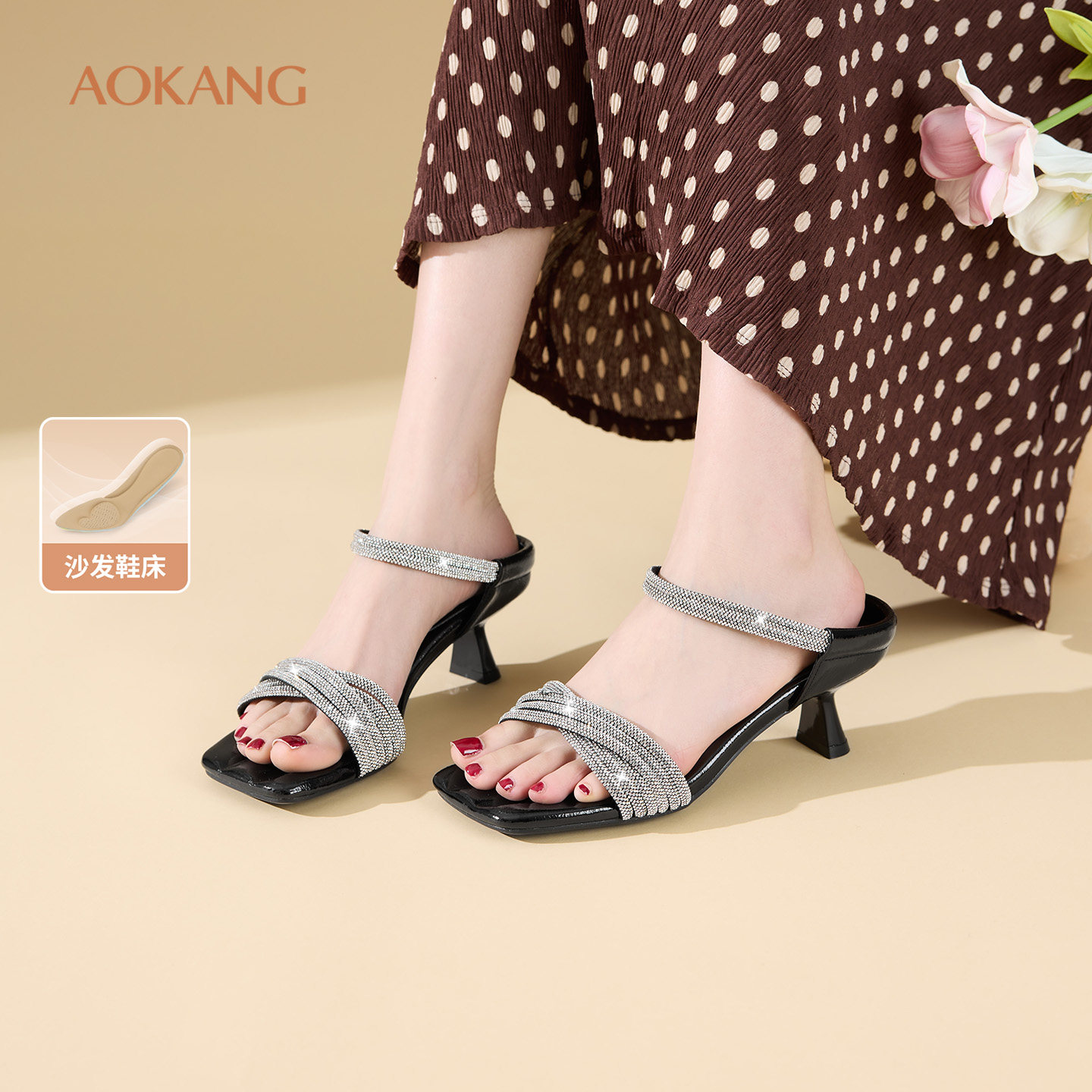 奥康女鞋26夏季新款水钻高跟凉拖