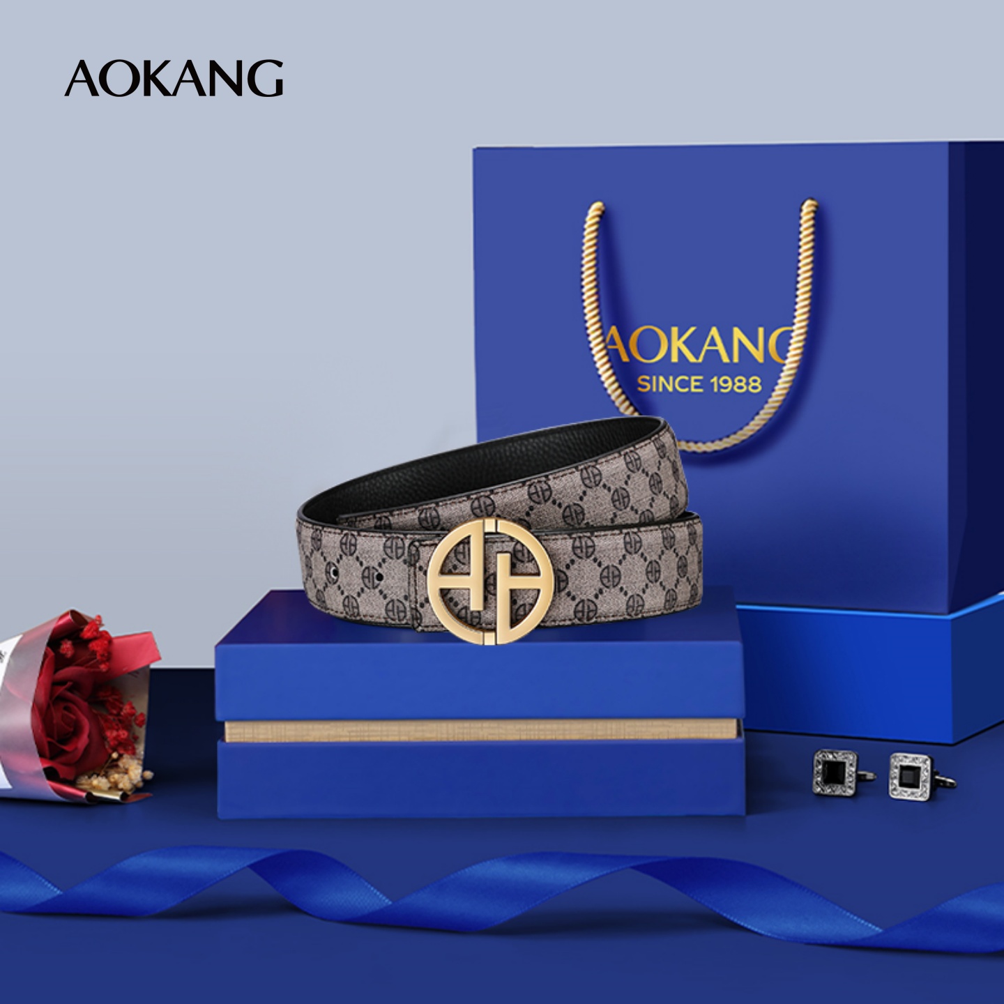 奥康男士皮带时尚百搭腰带休闲商务裤带新款潮流印花腰带礼盒装J