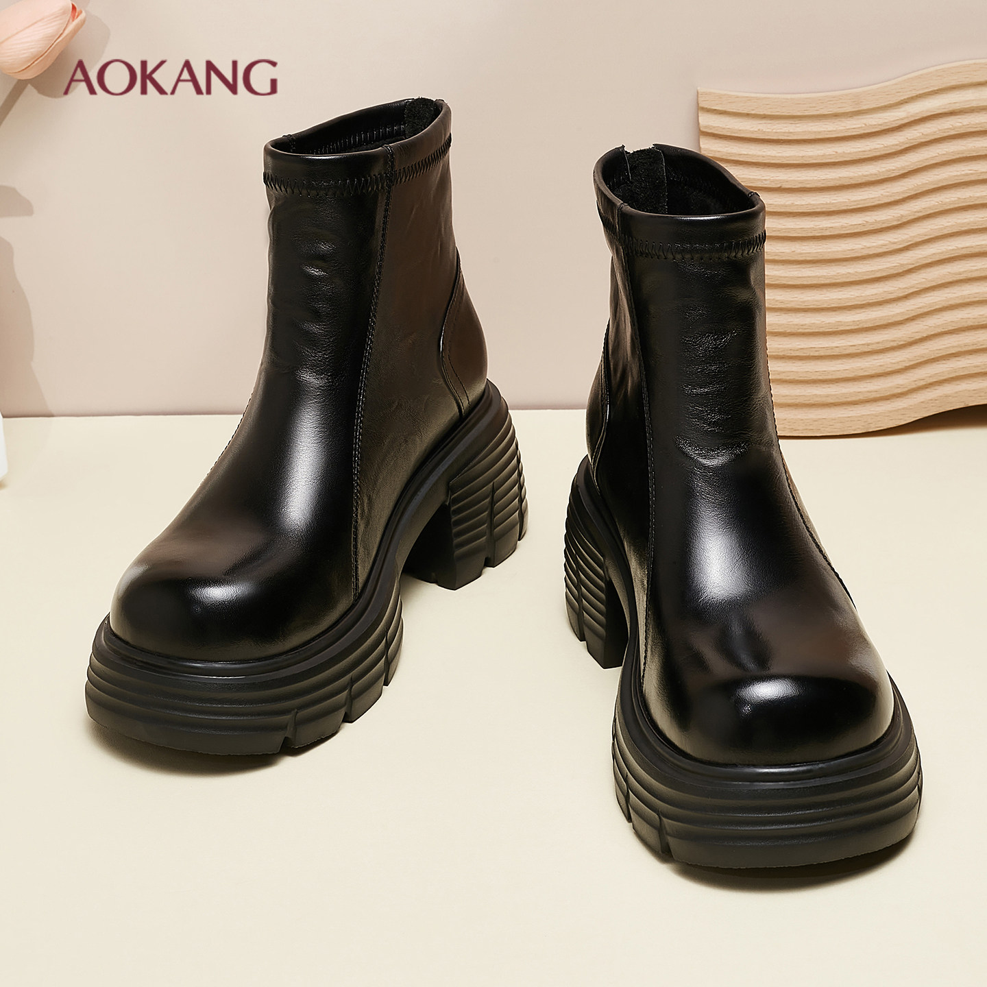 奥康 女鞋2025冬季新款时尚厚底女靴中跟切尔西靴子F