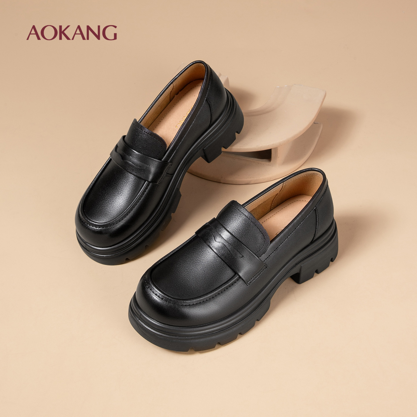 奥康 女鞋厚底增高乐福鞋女秋季新款英伦风粗跟百搭小皮鞋单鞋女N