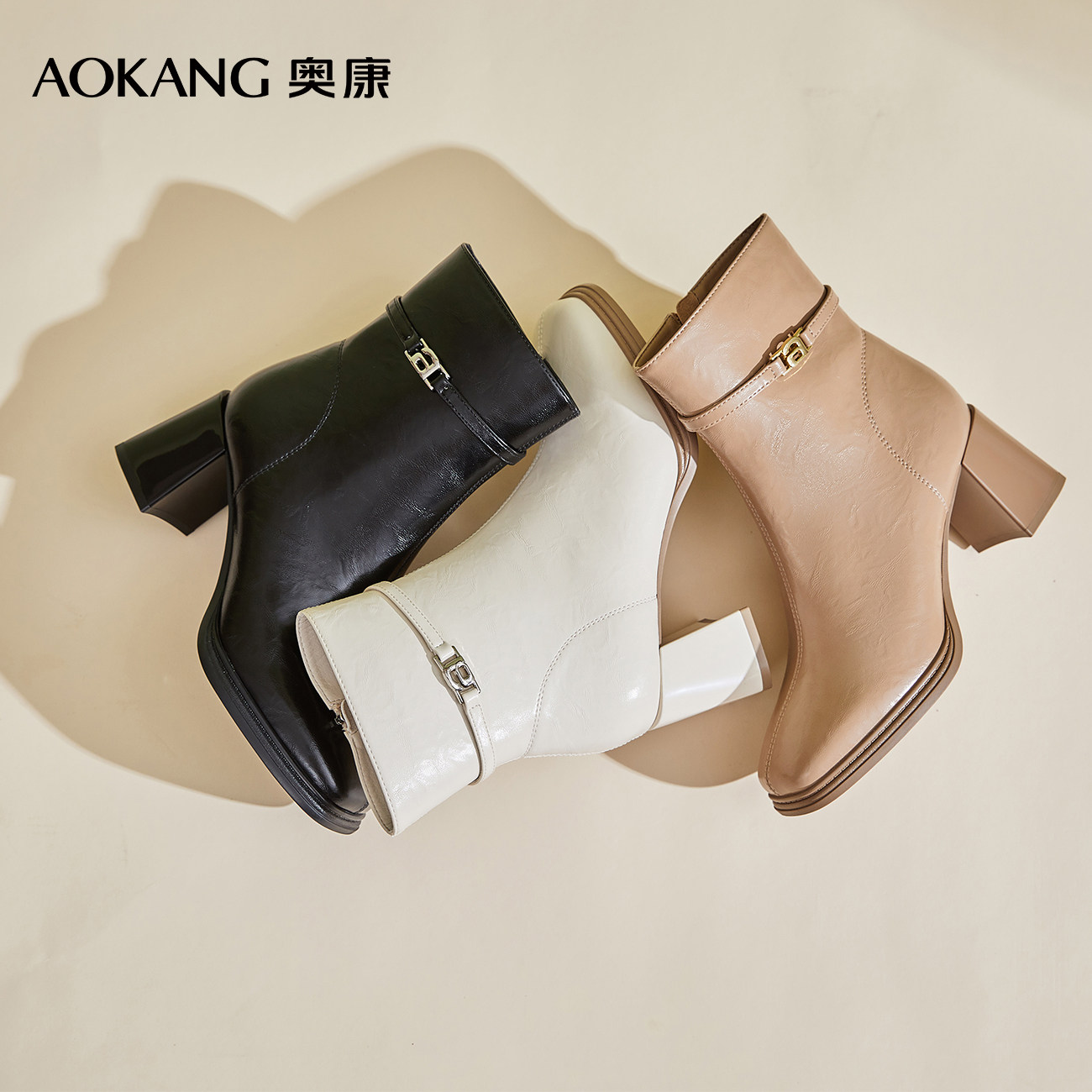 奥康 女鞋秋冬粗高跟时装靴百搭跟瘦靴显瘦小短靴女鞋