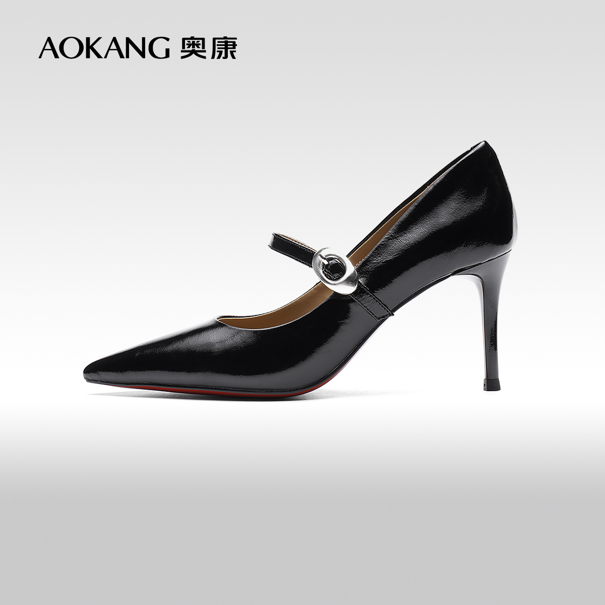 奥康尖头银色高跟细跟玛丽珍单鞋