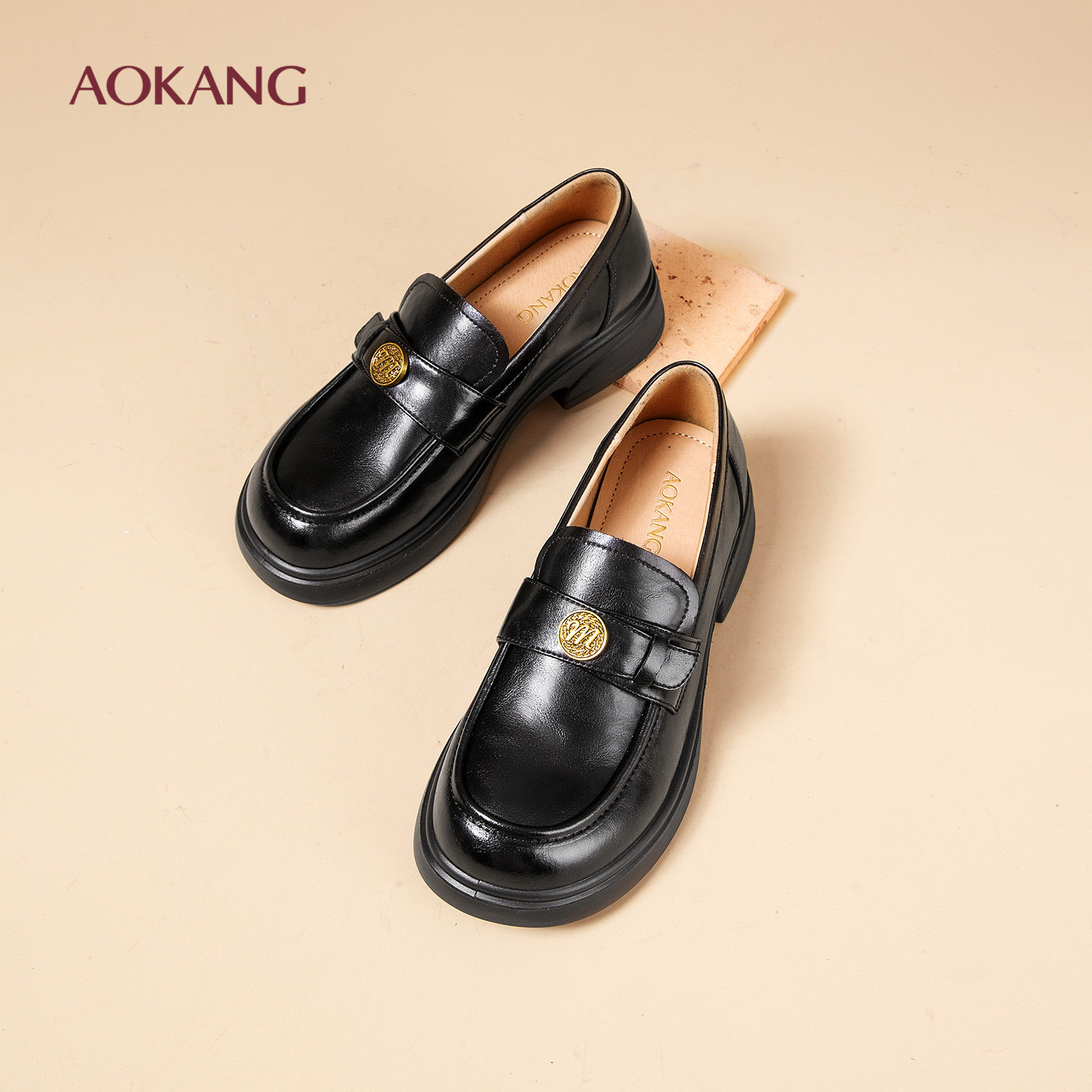 奥康 女鞋厚底乐福鞋女春季新款一脚蹬通勤黑色单鞋增高皮鞋N