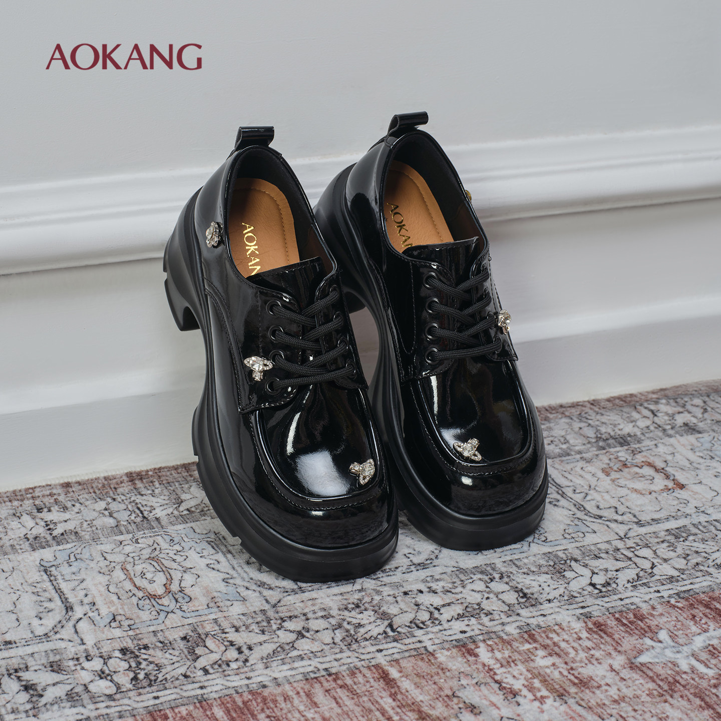 奥康 女鞋2025秋季新款松糕小个子增高黑色英伦风小皮鞋门店发货