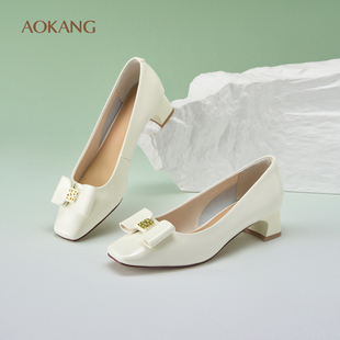 奥康女鞋2025年春季新款浅口单鞋蝴蝶结方头皮鞋OL通勤时尚中跟鞋