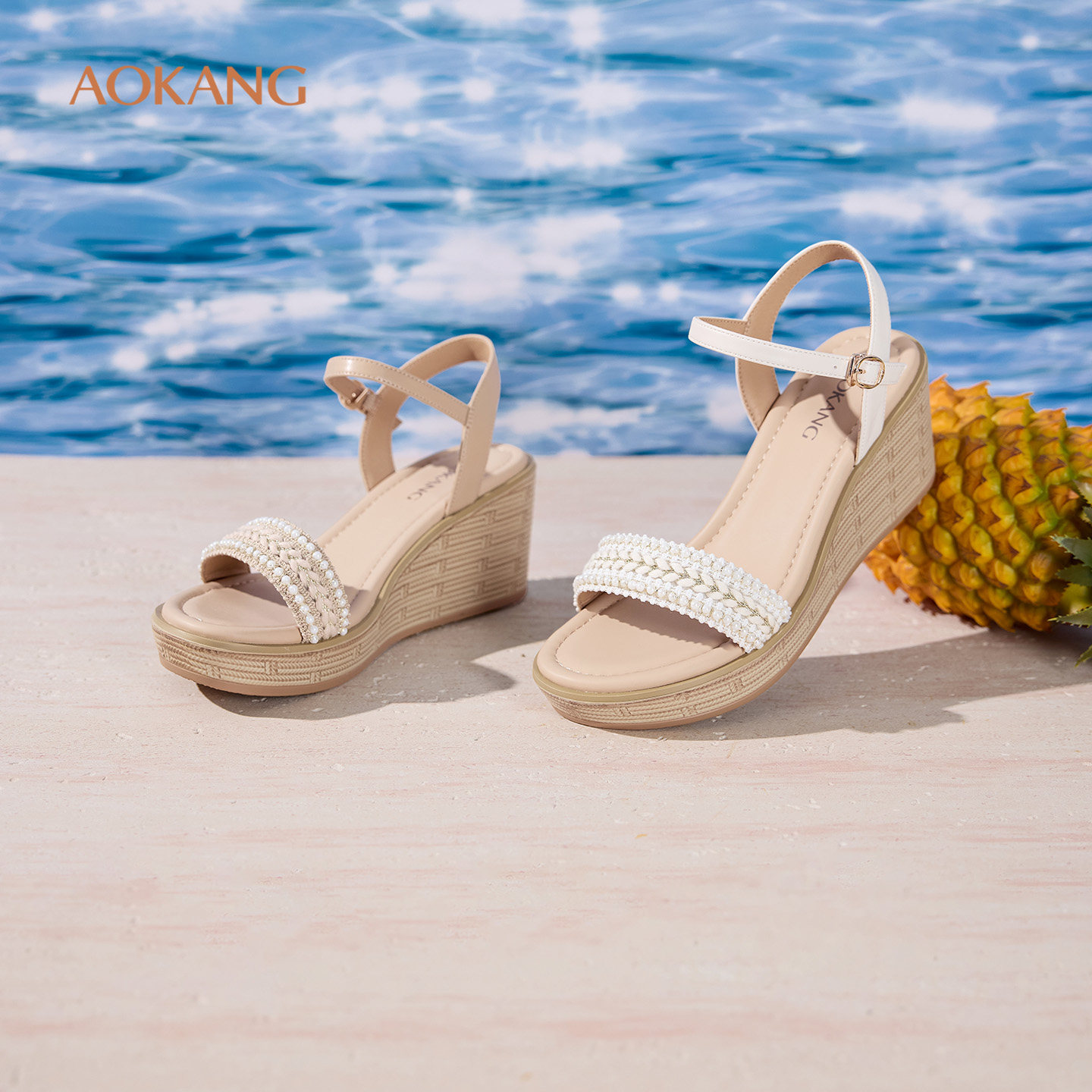 奥康 女鞋2026夏季新款坡跟编织罗马凉鞋沙滩配裙子门店发货