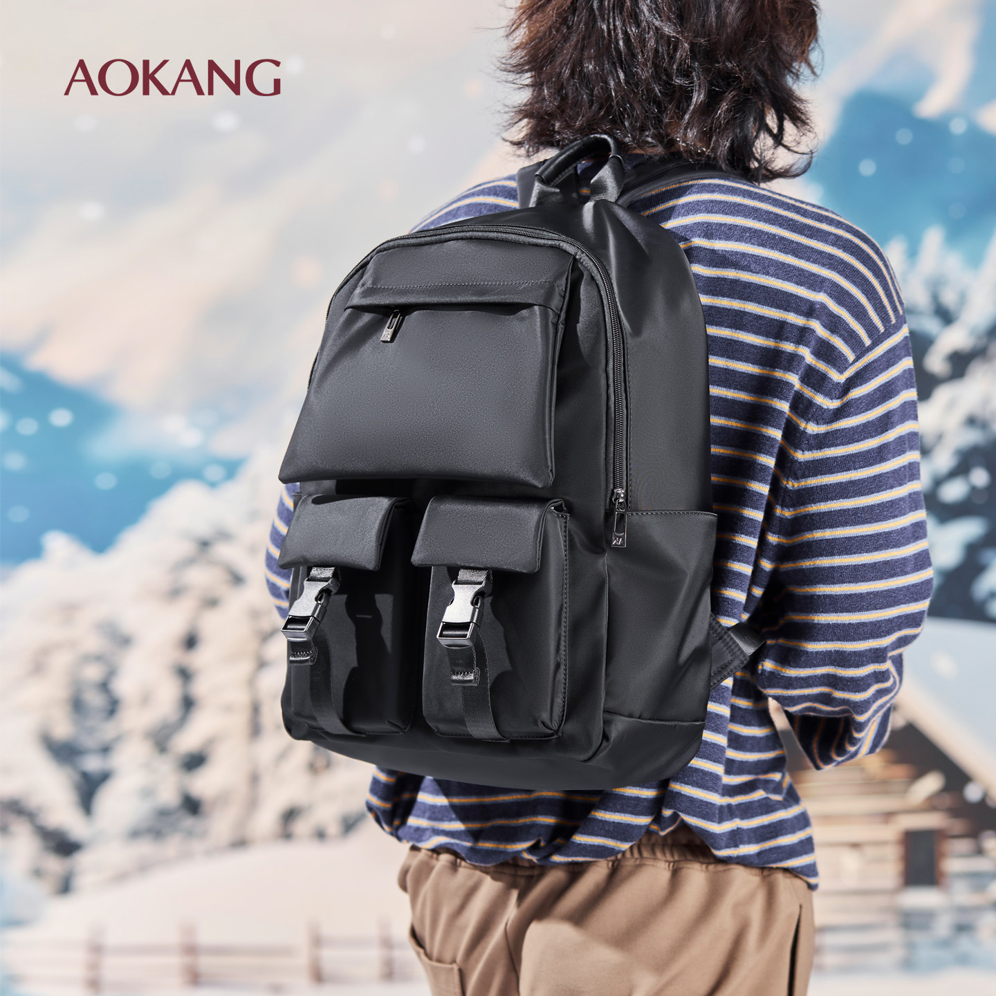 奥康男包黑色双肩包大容量多口袋通勤背包大学生简约轻便时尚休闲