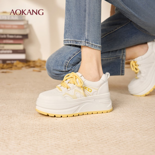 奥康 女鞋春秋新款厚底小白鞋女增高板鞋透气休闲运动鞋