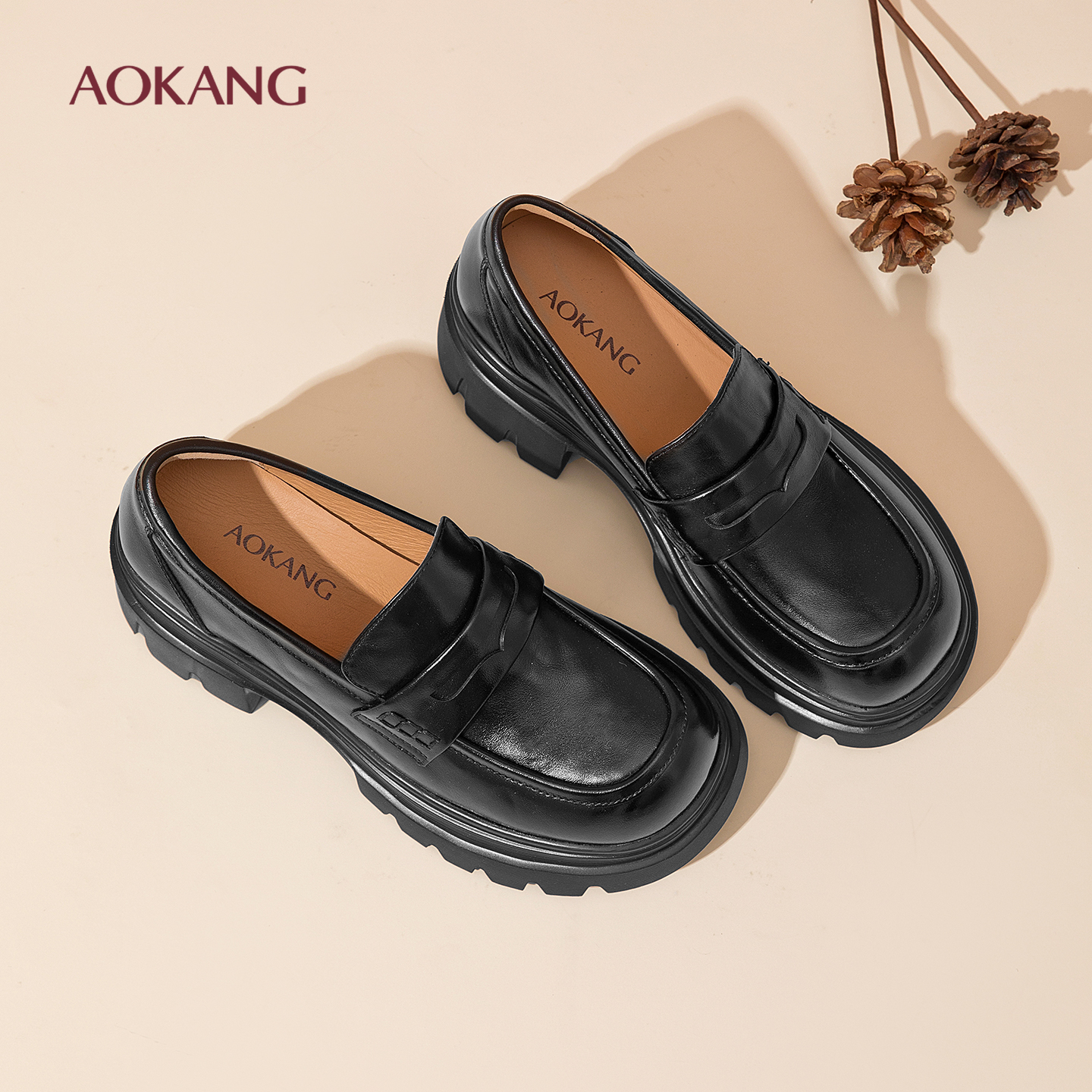 奥康 女鞋2025秋季新款增高厚底高档真皮乐福鞋粗跟不累脚皮鞋N