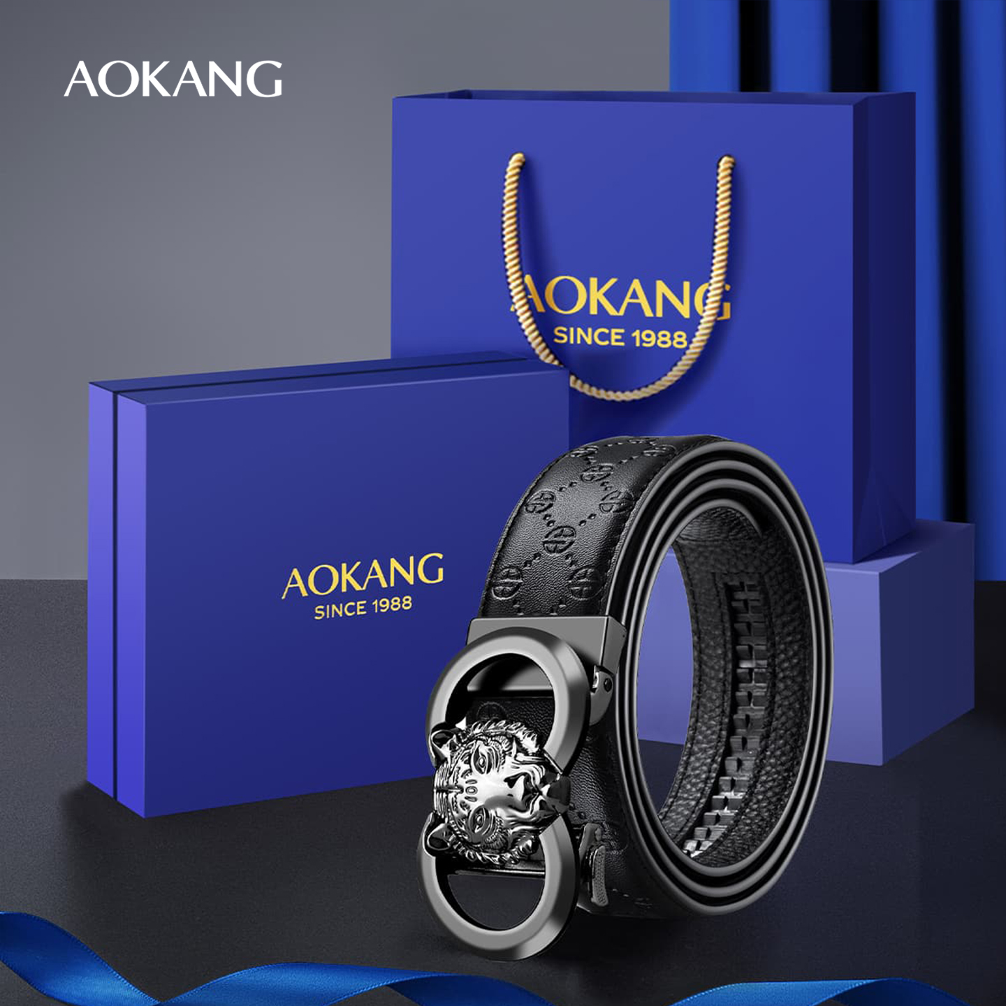 奥康皮带男款新款时尚百搭商务自动扣可调节休闲高级印花裤腰带J