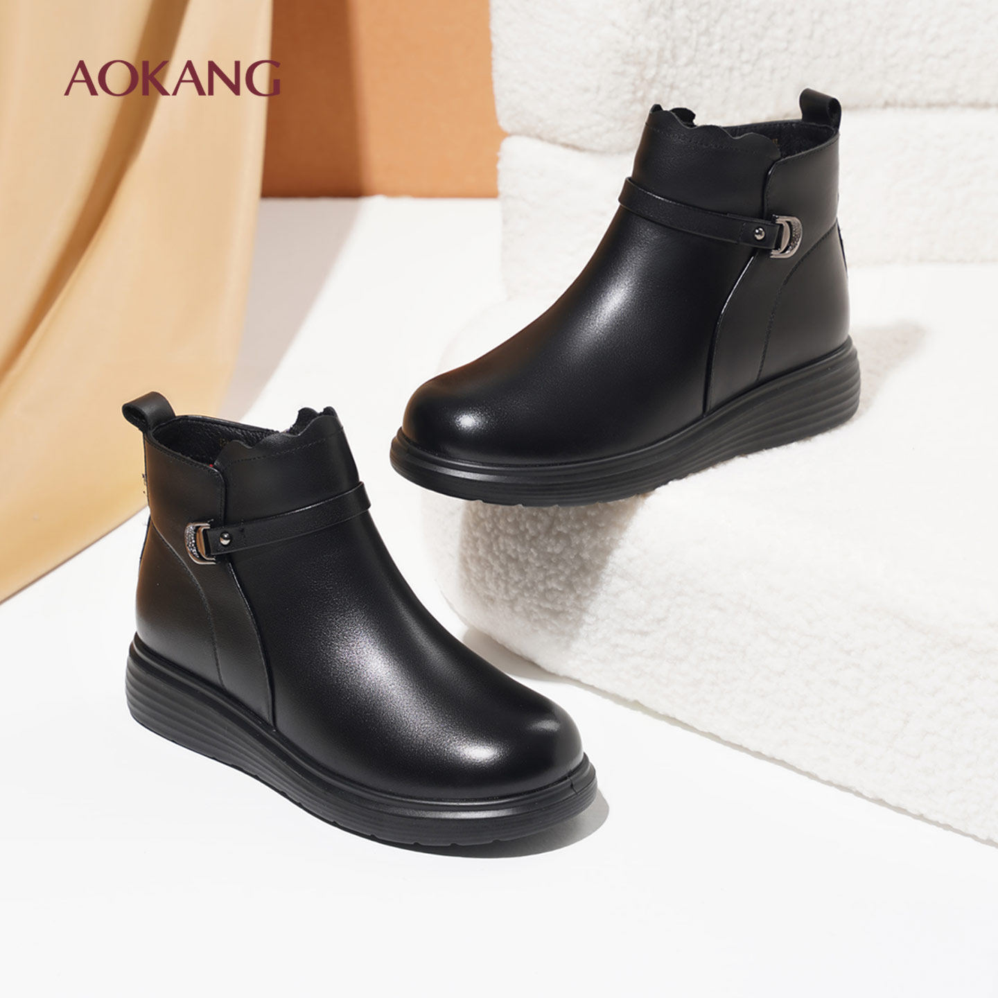 奥康 女鞋2025冬季新款女棉鞋平底舒适简约保暖妈妈鞋L