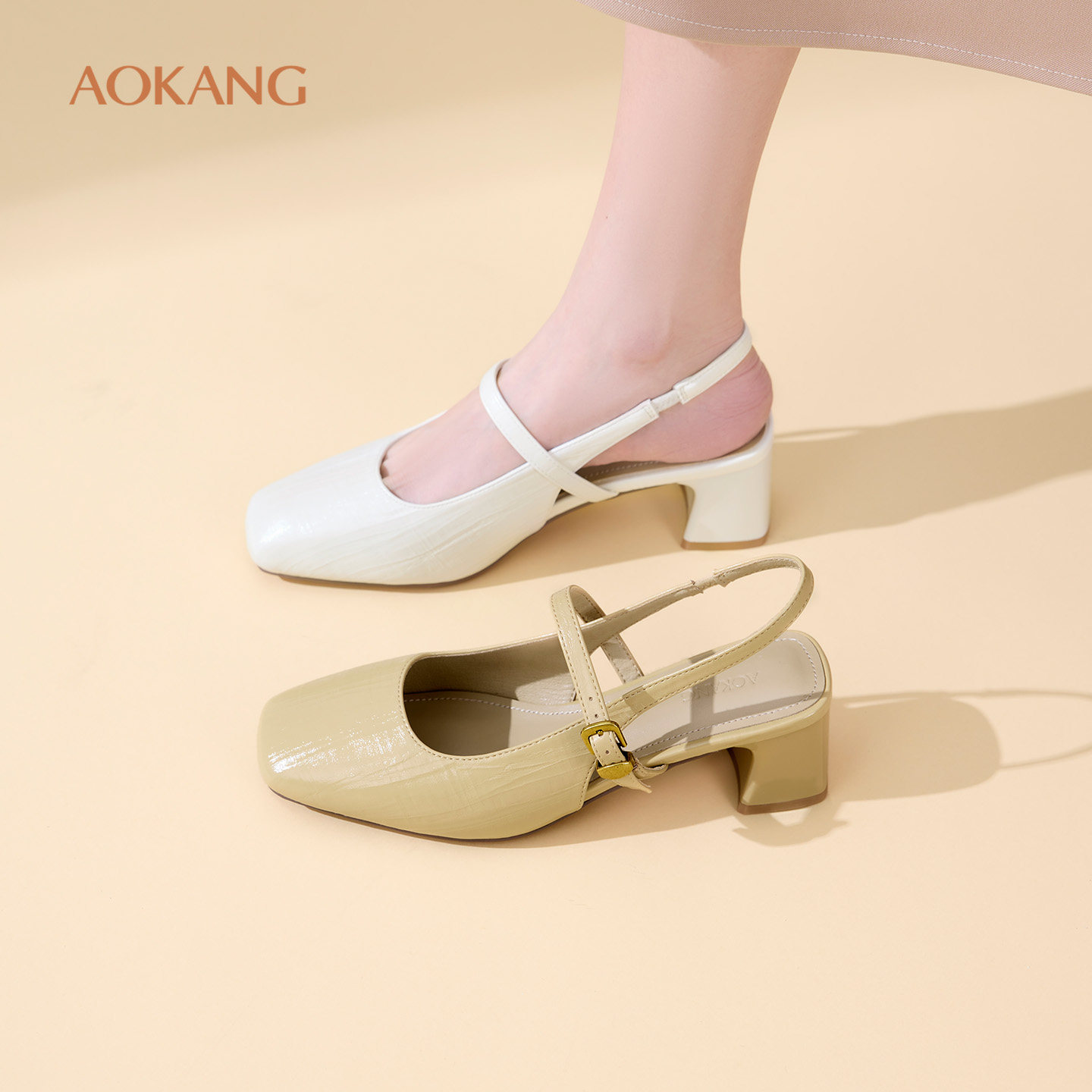 奥康 女鞋2026夏季新款搭扣中跟方头玛丽珍鞋后空穆勒鞋门店发货