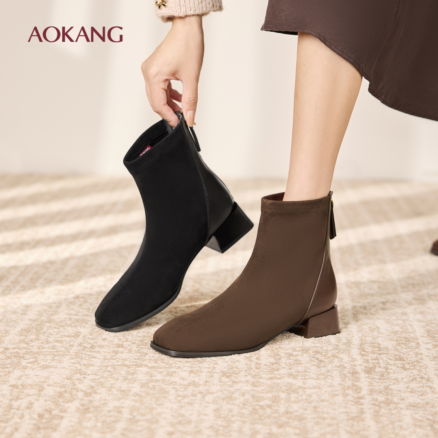 奥康 女鞋2025冬季弹力靴优雅方头中筒后拉链秋冬百搭通勤短靴