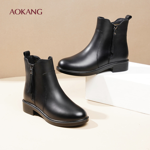 奥康 女鞋秋冬新款切尔西靴加绒保暖女棉靴侧拉链妈妈时装棉靴L