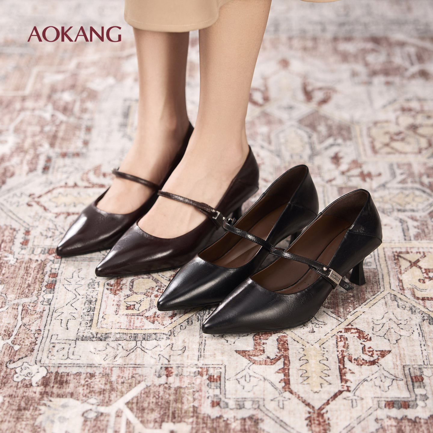 奥康 女鞋2025秋季新款尖头细跟单鞋浅口百搭皮带扣单鞋门店发货