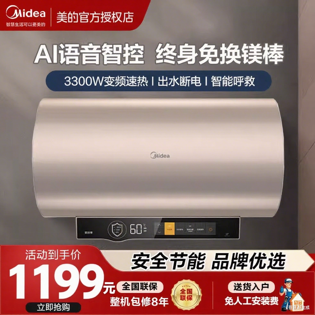美的电热水器60升增容智能变频家用出水断电一级能效安全防电CA6