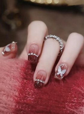 红色新年穿戴甲穿戴式成品中长款蝴蝶结碎钻美甲片可拆卸指甲贴片