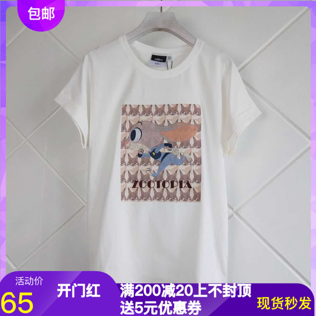蒂尼伊芙丽动物城合作款体恤夏季新款白色休闲纯棉T恤女1B4500701