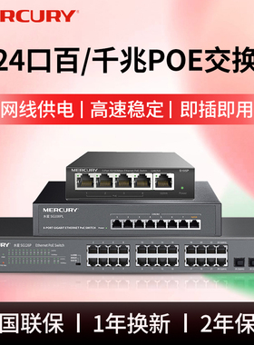 水星POE交换机千兆供电监控专用4四5五口8/10口16个24口八百兆交换器国标48V网线供电器分线器家用分流路由器