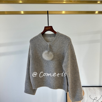 意大利山羊绒可脱卸毛球拉链毛衣
