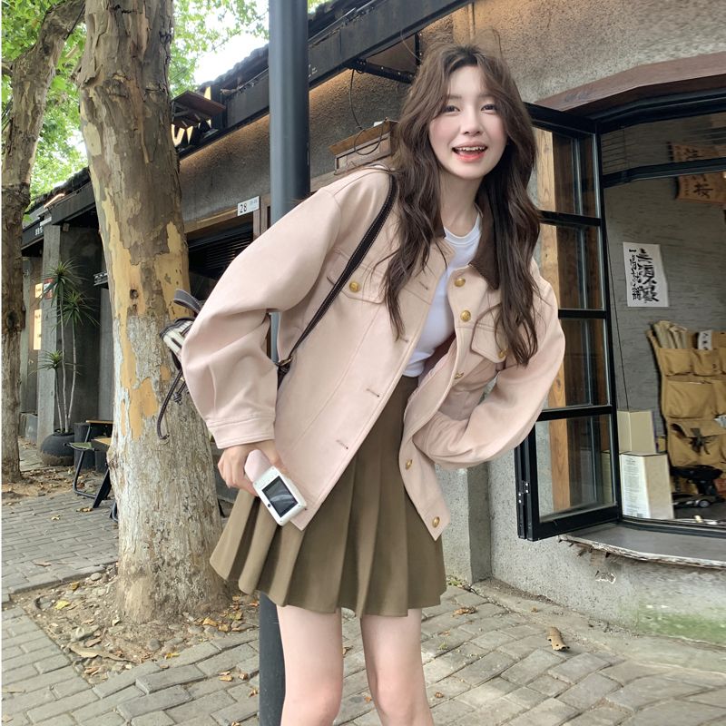 粉色麂皮绒工装外套女春秋202短外套